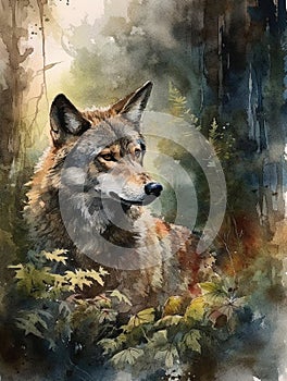 Digital Art, watercolor painting showing the portrait of a wolf in a forest.