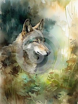 Digital Art, watercolor painting showing the portrait of a wolf in a forest.