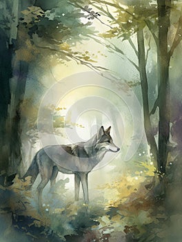 Digital Art, watercolor painting showing a wolf in a forest.