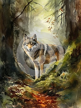 Digital Art, watercolor painting of a wolf in a forest.