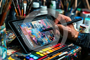 Digital artist creating vibrant abstract painting on tablet