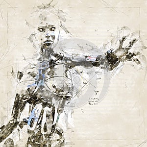 Digital artistic Sketch, based on a self-created 3D Illustration of a female Cyborg photo