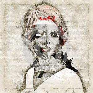 Digital artistic Sketch, based on a self-created 3D Illustration of a Female photo
