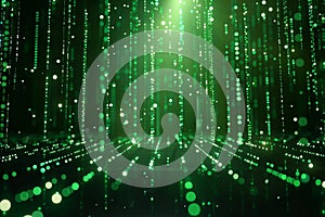 Digital artwork of digital background of green binary code on a dark green background, with falling numbers and a matrix styl