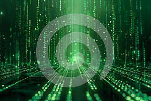 Digital artwork of digital background of green binary code on a dark green background, with falling numbers and a matrix styl