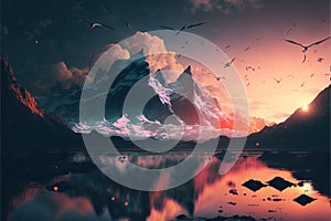 Digital artwork of beautiful and surreal mountain range landscape photo