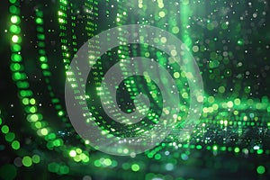 Digital artwork of cinematic background of falling green binary code on a dark background