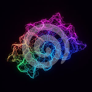 A digital artwork depicting a complex web of interconnected, glowing neon lines against
