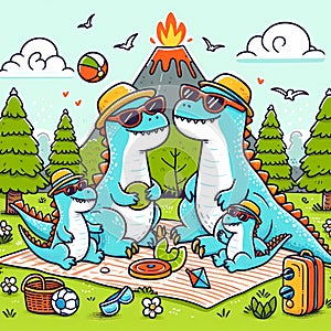 a digital artwork depicting a family of dinosaurs having a picnic.