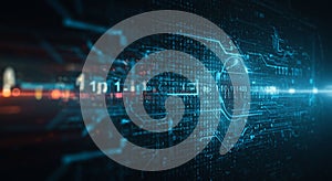 Digital artwork depicting a futuristic and abstract technological scene. Binary code