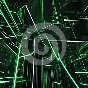 Digital artwork with dynamic green neon lines creating a visually striking 3D composition on a profound black canvas2