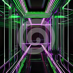 Digital artwork with dynamic green neon lines creating a visually striking 3D composition on a profound black canvas3