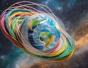 Digital artwork of Earth made with colorful threads in space