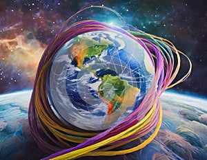 Digital artwork of Earth made with colorful threads in space