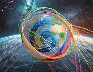 Digital artwork of Earth made with colorful threads in space