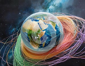 Digital artwork of Earth made with colorful threads in space