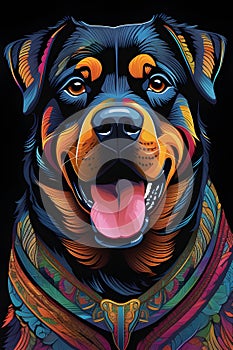 A digital artwork features a vibrant Rottweiler dog, expresive eyes, glossy fur, stunning phone walllpaper, t-shirt prints, animal