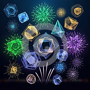 A digital artwork featuring an array of geometric shapes and starburst patterns