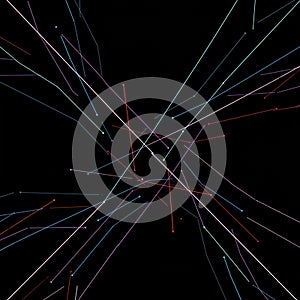 A digital artwork featuring a black background with intersecting, colored lines