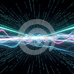 Digital artwork featuring converging streams of binary code against a dark