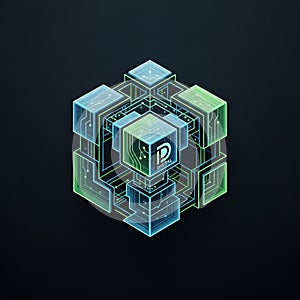 Digital artwork featuring a geometric design composed of interlocking transparent