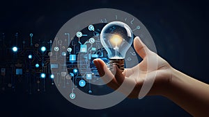 Digital artwork featuring a human hand holding a glowing light bulb against a dark background
