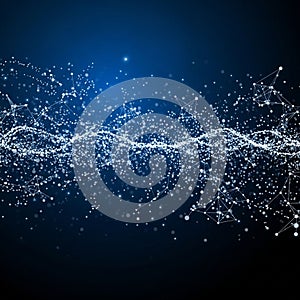 Digital artwork featuring a network of interconnected white nodes and