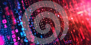 This is a digital artwork featuring a stream of abstract data in red and blue colors