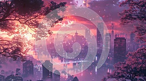 Digital artwork of a futuristic city skyline with cherry blossoms framing a glowing sunset, creating a dreamlike atmosphere