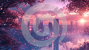 Digital artwork of a futuristic city skyline with cherry blossoms framing a glowing sunset, creating a dreamlike atmosphere