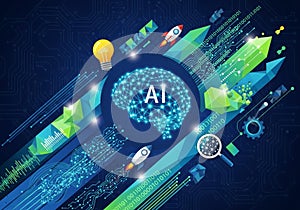 Digital artwork illustrating artificial intelligence. Central focus is a