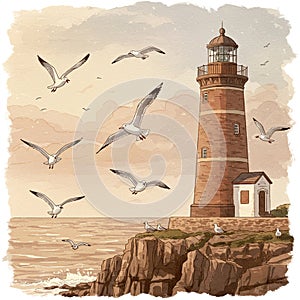 A digital artwork of a lighthouse perched on a rocky cliff by the sea. The tall,