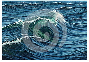 A digital artwork of ocean waves in deep blue hues. The image