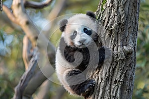 Digital artwork of  panda hanging on the tree, motion capture, superb photography, national geographic photos, highdefinition photo