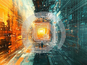 A digital artwork showcases a humanoid robotandroid amidst a vibrant, futuristic scene resembling a digital or neural