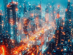 A digital artwork showcases a vibrant, technologically advanced cityscape at night, with glowing skyscrapers photo