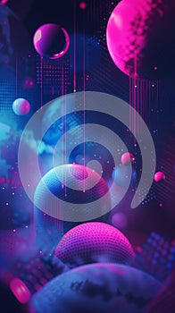 Digital artwork with smooth gradient, 3D elements, neon pink and blue spheres. Glows. futuristic