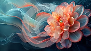 Digital artwork of a stunning coral dahlia flower emerging from ethereal blue smoke waves on a dark background