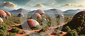 A digital artwork of a transformed Mars settlement in the future, showcasing domed habitats, terraforming machinery, and