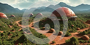 A digital artwork of a transformed Mars settlement in the future, showcasing domed habitats, terraforming machinery, and