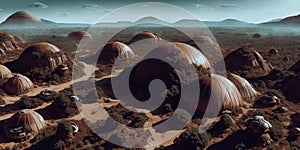 A digital artwork of a transformed Mars settlement in the future, showcasing domed habitats, terraforming machinery, and