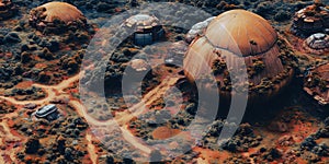 A digital artwork of a transformed Mars settlement in the future, showcasing domed habitats, terraforming machinery, and