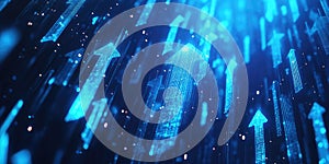 Digital Ascent: A Surge of Blue Arrows, Composed of Data Streams and Binary Code, Symbolize Progress, Innovation, and the