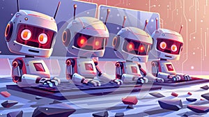 Digital assistants with cute robots on computer keyboard. Modern cartoon illustration of chat bots, funny electronic