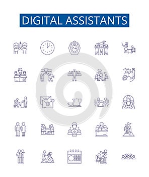 Digital assistants line icons signs set. Design collection of Virtual, Assistants, Digital, Siri, Alexa, Cortana, Bixby