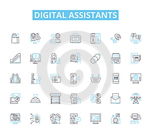 Digital assistants linear icons set. Alexa, Siri, Google, Cortana, Assistant, AI, Automation line vector and concept photo