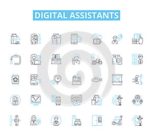 Digital assistants linear icons set. Alexa, Siri, Google, Cortana, Assistant, AI, Automation line vector and concept photo