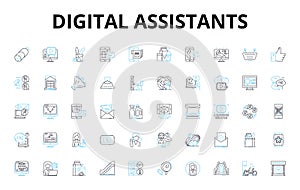 Digital assistants linear icons set. Alexa, Siri, Google, Cortana, Assistant, AI, Automation vector symbols and line photo