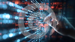 Digital background of code with hands typing on it, computer programming and cyber security technology