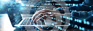 Digital background of code with hands typing on it, computer programming and cyber security technology
